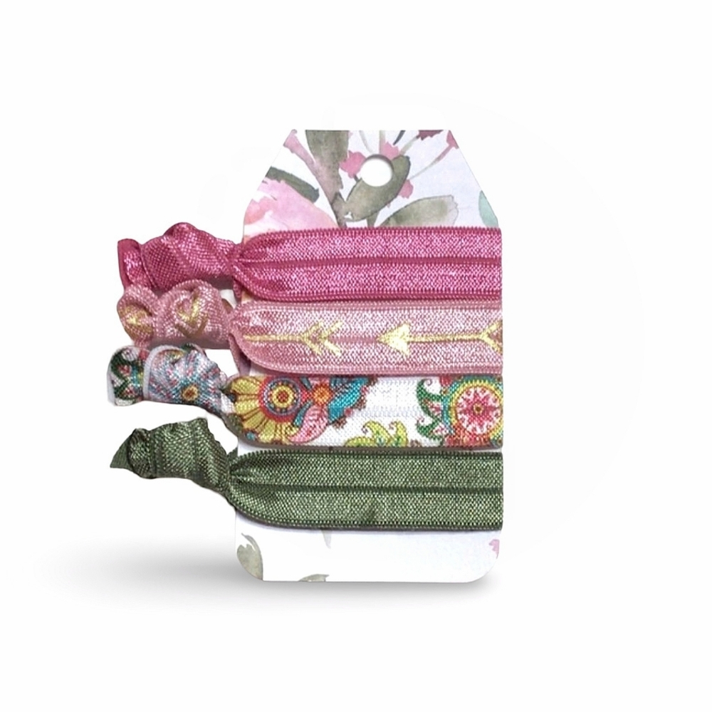 Bohemian Theme Hair Ties 4-Pack Pink & Green Floral Hair Tie Set